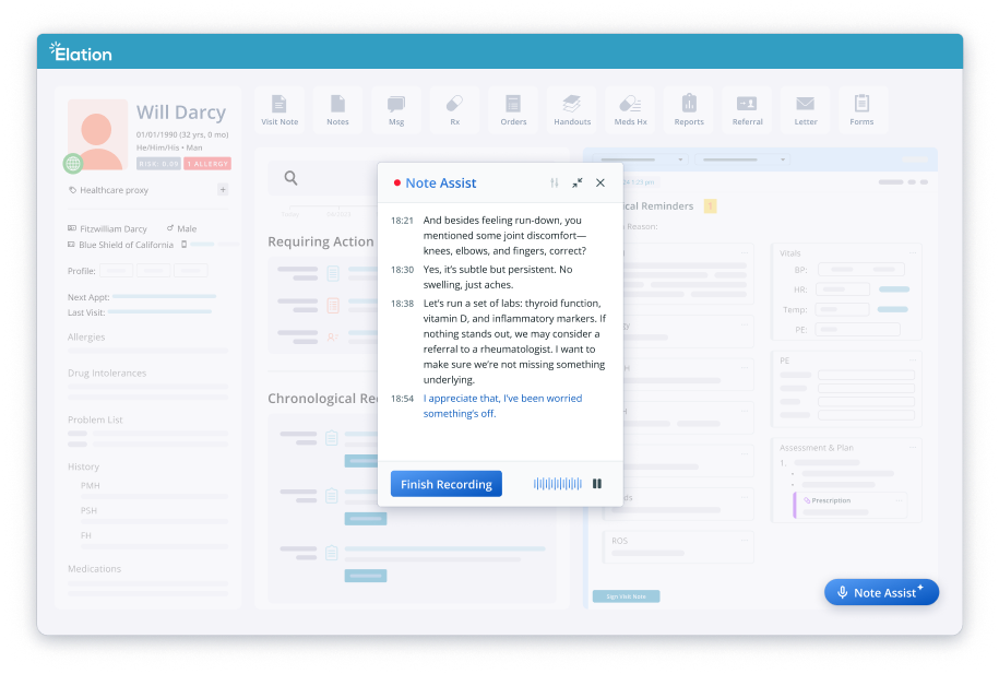 Screenshot of AI medical scribe popup in EHR